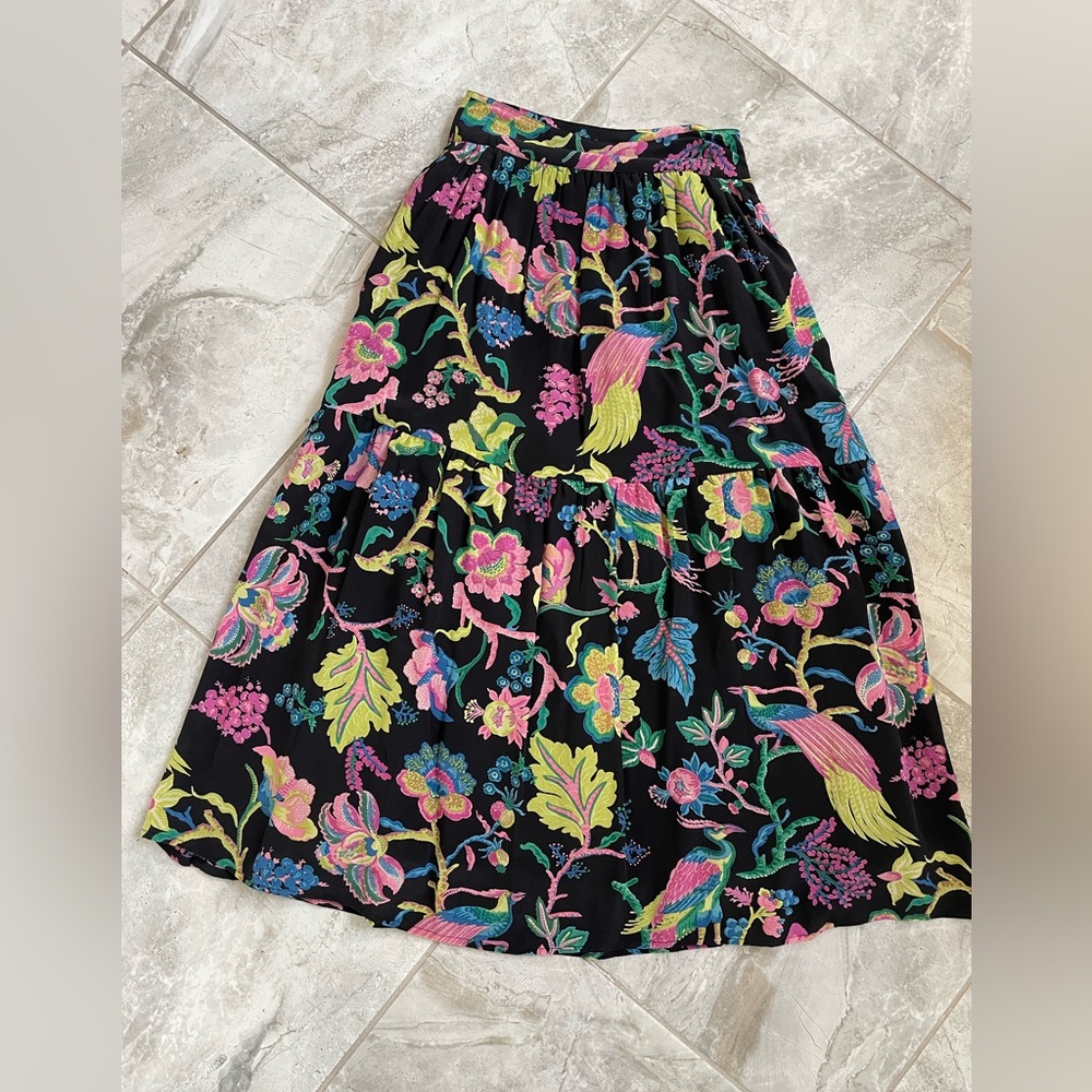 Banjanan Women’s Vibrant Silk Floral Maxi Skirt, Black / Multi, Sz XS